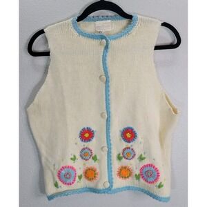 Vintage 1970s Hand Embroidered Wool Knit Vest Floral Button Front‎ Size M - READ